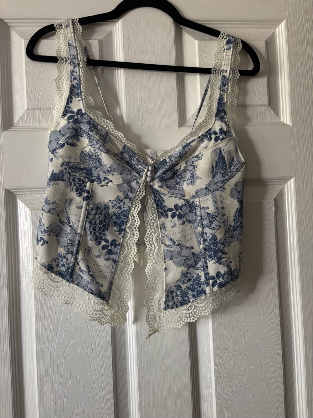 NWOT Urban Outfitters Blue and Cream Lace-Trim Floral Cropped Bustier